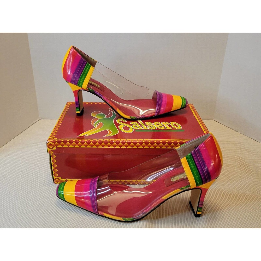 Women’s High Heel Pumps Rainbow Stripes & Clear Salsero Shoes Size 10 M